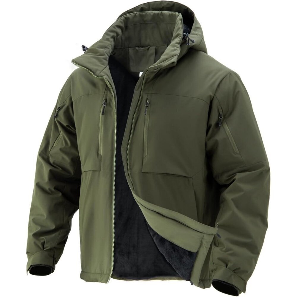 Men's Green Hood Ski Jacket Coat Skiing Fleece Lined Detachable 7 Pockets